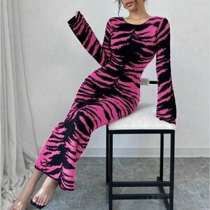 Luxe Zebra Print Long Sleeve Knit Sweater Dress Pink